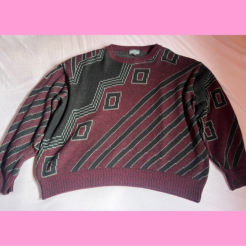 Vintage Plus Size 80s Geometric Design Grandpa Sweater - Picture 2 of 5